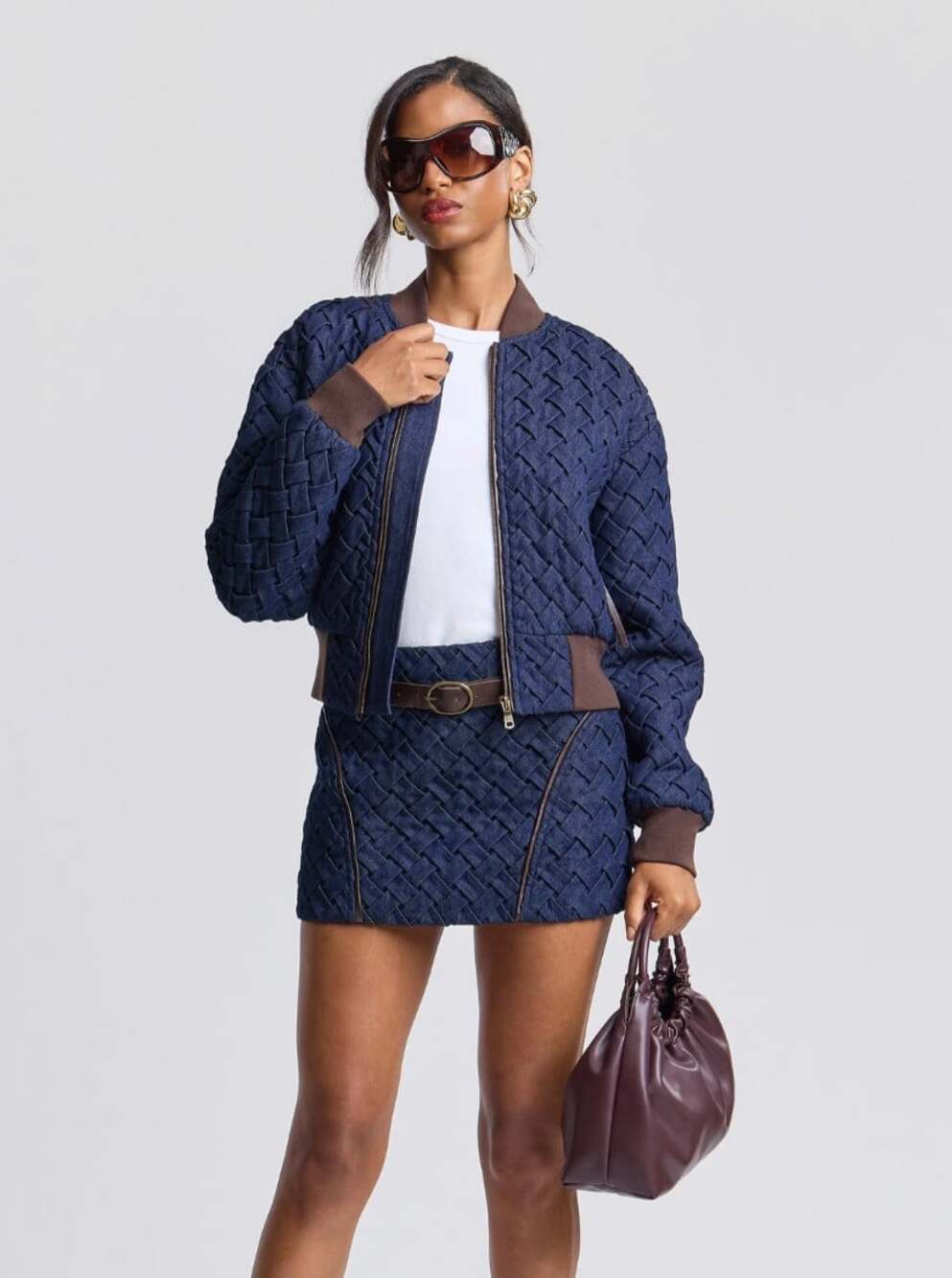 Avec Les Filles NWT Woven Denim Bomber Jacket in Indigo/Brown Size XS